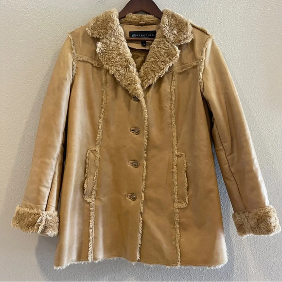 Kenneth Cole Reaction Tan Leather Jacket with Faux Fur Trim - Picture 1 of 15